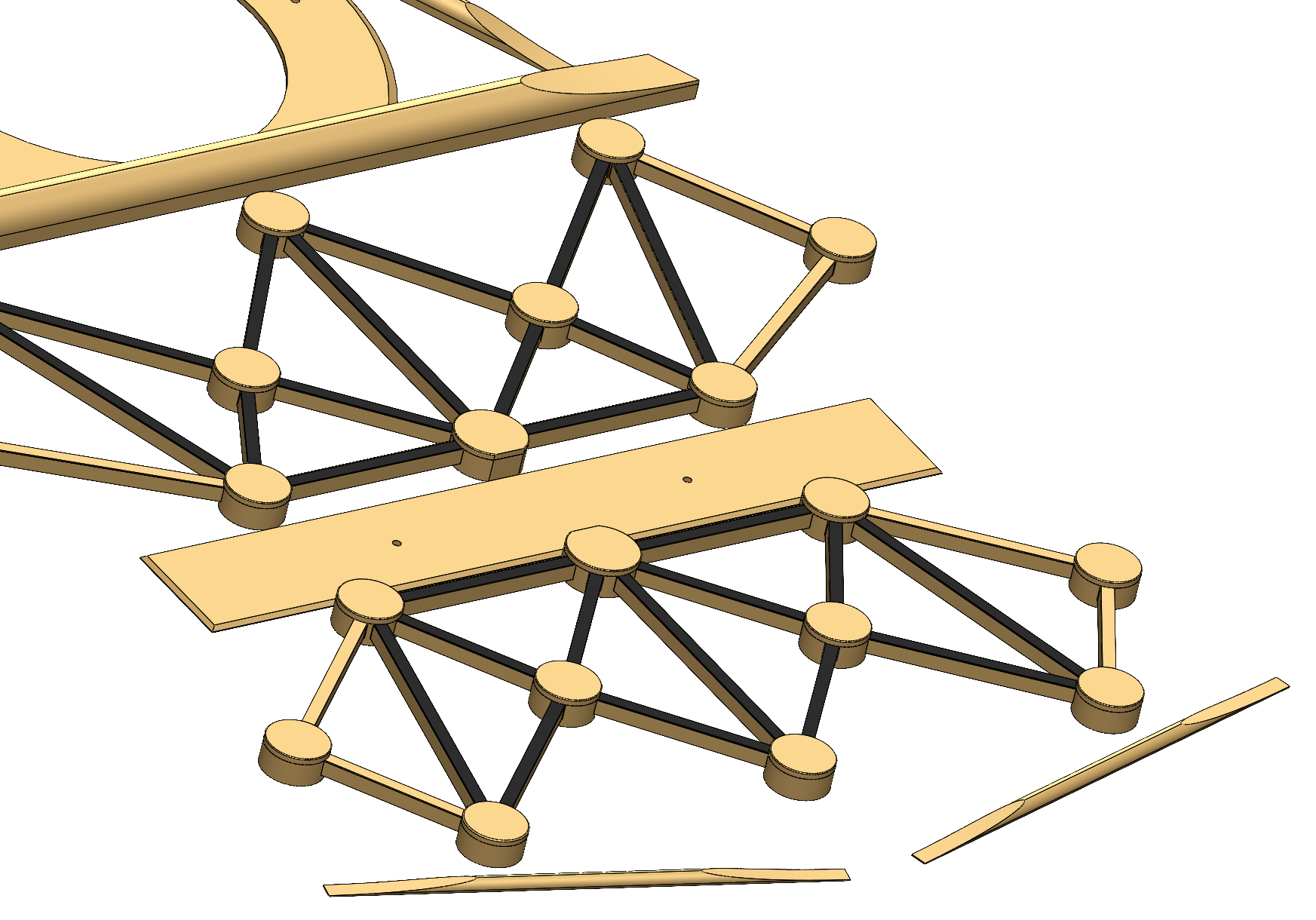 CALIBER Floating Truss Network – CAD illustration showing separate front and rear carbon truss structures around the classical guitar bridge.